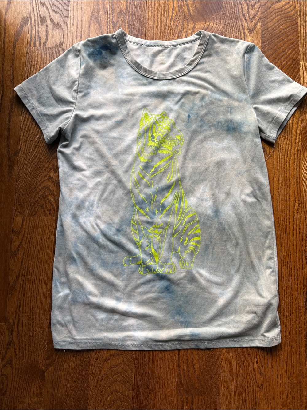 Light Blue Tie-Dye Tee with Neon Yellow Tiger Graphic